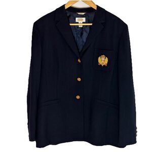 Talbots Stretch Academia Preppy Blazer W/ Gold Crest Navy Blue Wool Women’s 16